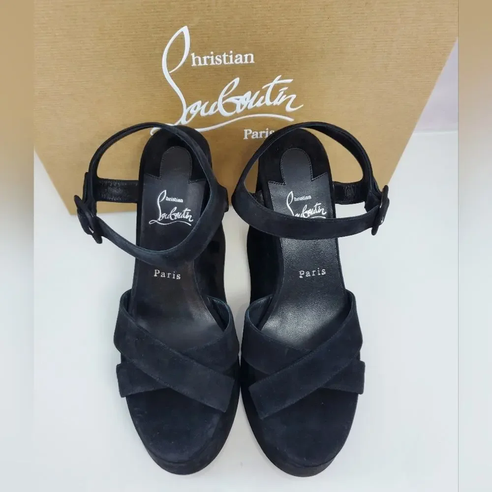 NWT$1,195 CHRISTIAN LOUBOUTIN Supramariza Black Velvet Wedge Heel Sandals Sz 39